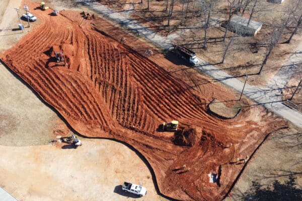 In-progress sitework at Shiloh Road commercial project in Piedmont, SC, including demolition, grading, utilities, erosion control, and paving by S3 Construction