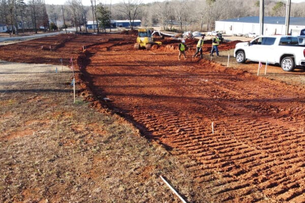 In-progress sitework at Shiloh Road commercial project in Piedmont, SC, including demolition, grading, utilities, erosion control, and paving by S3 Construction