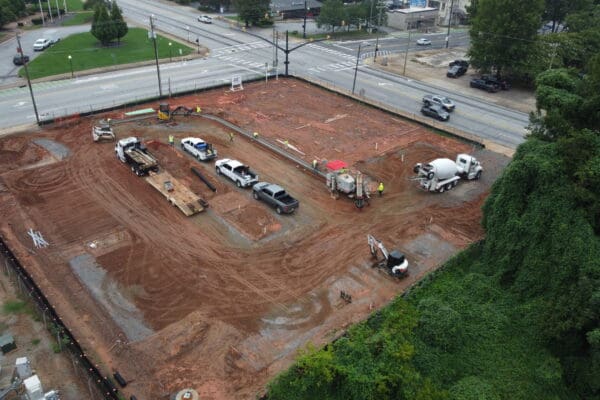 In-progress sitework at Fidelity Bank in Spartanburg, SC, including grading, erosion control, utilities, and paving by S3 Construction for a new 5,528 sq. ft. facility