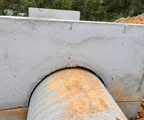 Storm drainage system components installed at a construction site