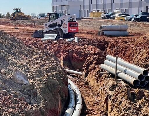 Underground utility infrastructure being installed at a construction site
